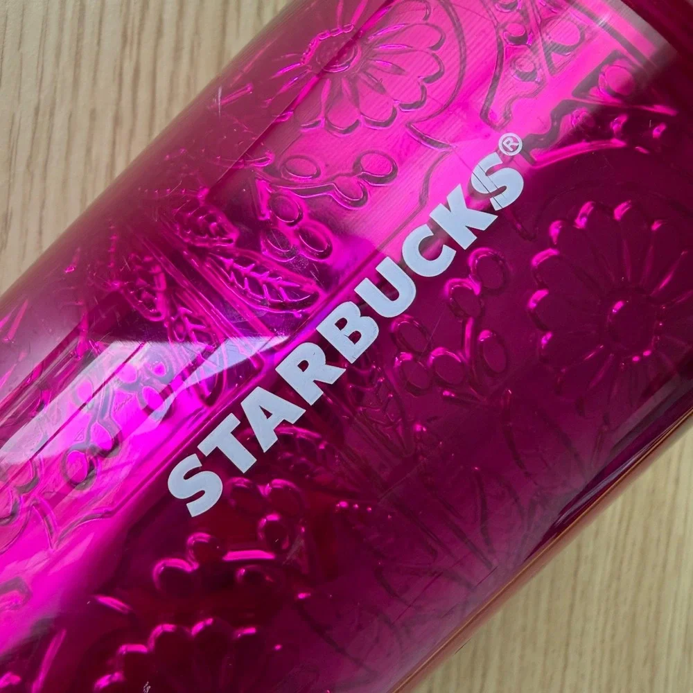 Starbucks 2017 Venti RARE 24oz Tumbler Pink Majent Floral Embossed Metallic Foil